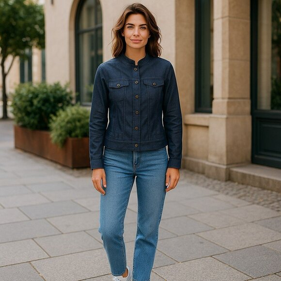 Nina Leonard Womens Small Dark Wash Long Sleeve Button Front Denim Jean Jacket - Picture 1 of 10